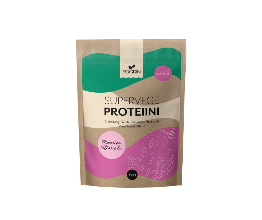 Foodin Supervegeproteiini, 600&nbsp;g, Mansikka-Valkosuklaa