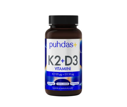 Puhdas+ K2 vitamiini 120 µg +D3-vitamiini 50 µg, 60 kaps.